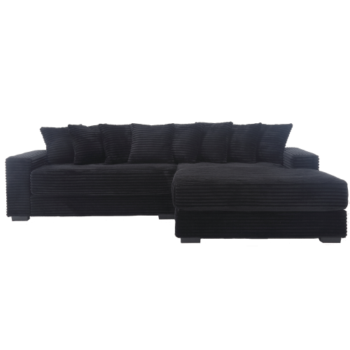 Oversized L-Shaped Corduroy Sectional with Right Chaise and Eight Pillows, Black