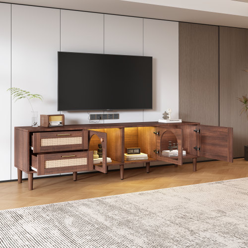 Rattan Entertainment Center with Cabinets, Drawers, and LED Lighting