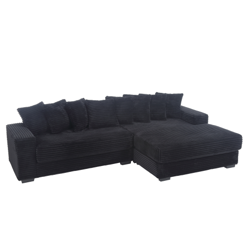 Oversized L-Shaped Corduroy Sectional with Right Chaise and Eight Pillows, Black