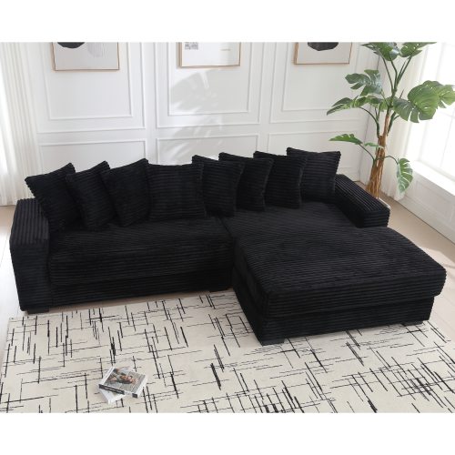 Oversized L-Shaped Corduroy Sectional with Right Chaise and Eight Pillows, Black