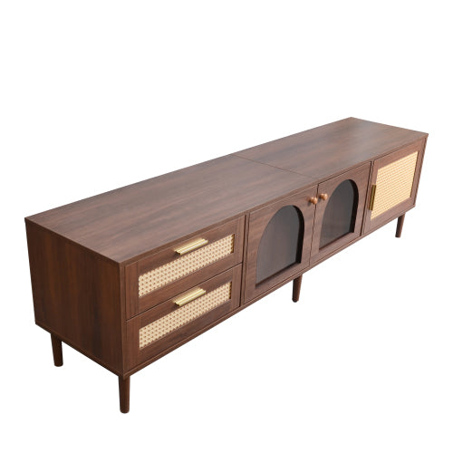 Rattan Entertainment Center with Cabinets, Drawers, and LED Lighting