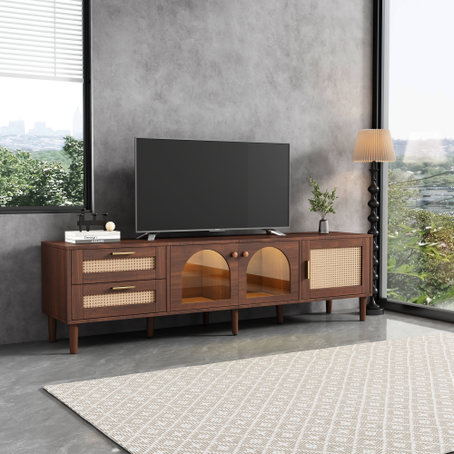 Rattan Entertainment Center with Cabinets, Drawers, and LED Lighting