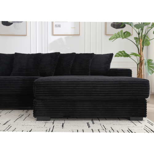 Oversized L-Shaped Corduroy Sectional with Right Chaise and Eight Pillows, Black