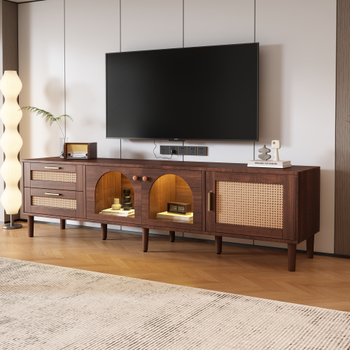 Rattan Entertainment Center with Cabinets, Drawers, and LED Lighting