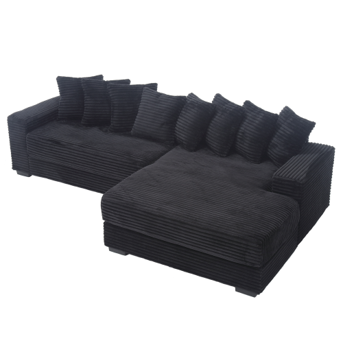 Oversized L-Shaped Corduroy Sectional with Right Chaise and Eight Pillows, Black