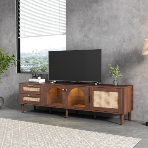 Rattan Entertainment Center with Cabinets, Drawers, and LED Lighting