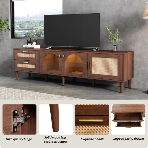 Rattan Entertainment Center with Cabinets, Drawers, and LED Lighting