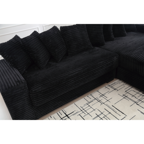 Oversized L-Shaped Corduroy Sectional with Right Chaise and Eight Pillows, Black