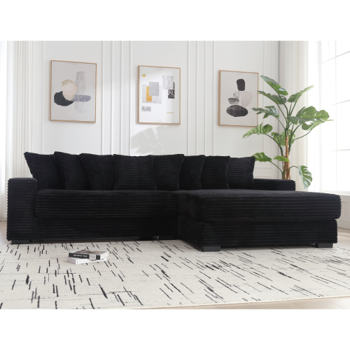 Oversized L-Shaped Corduroy Sectional with Right Chaise and Eight Pillows, Black