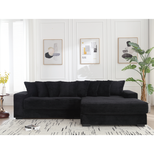 Oversized L-Shaped Corduroy Sectional with Right Chaise and Eight Pillows, Black