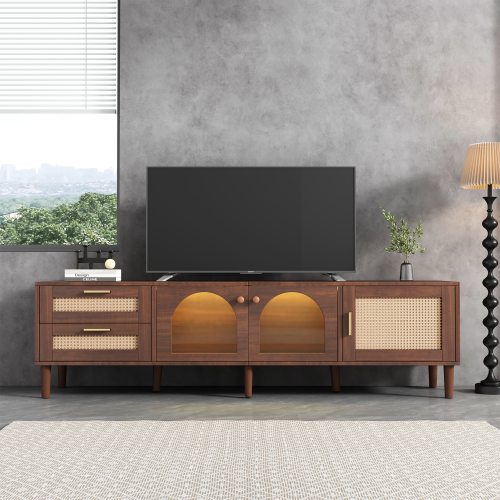 Rattan Entertainment Center with Cabinets, Drawers, and LED Lighting