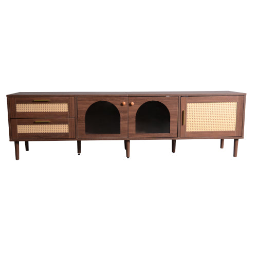 Rattan Entertainment Center with Cabinets, Drawers, and LED Lighting