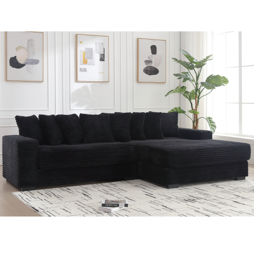 Oversized L-Shaped Corduroy Sectional with Right Chaise and Eight Pillows, Black