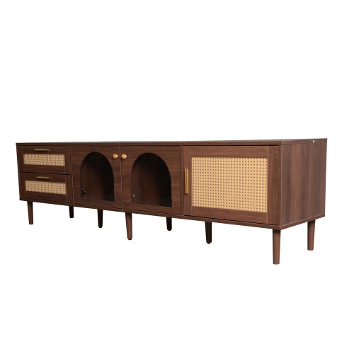 Rattan Entertainment Center with Cabinets, Drawers, and LED Lighting