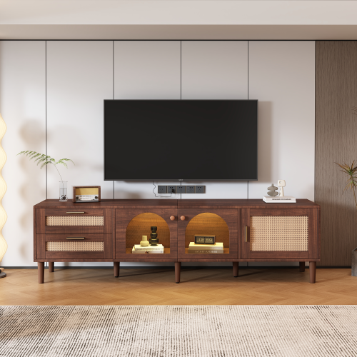 Rattan Entertainment Center with Cabinets, Drawers, and LED Lighting