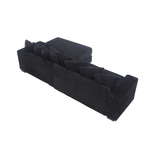 Oversized L-Shaped Corduroy Sectional with Right Chaise and Eight Pillows, Black