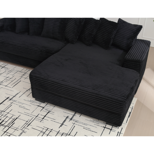 Oversized L-Shaped Corduroy Sectional with Right Chaise and Eight Pillows, Black