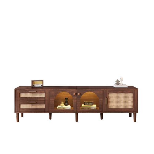 Rattan Entertainment Center with Cabinets, Drawers, and LED Lighting