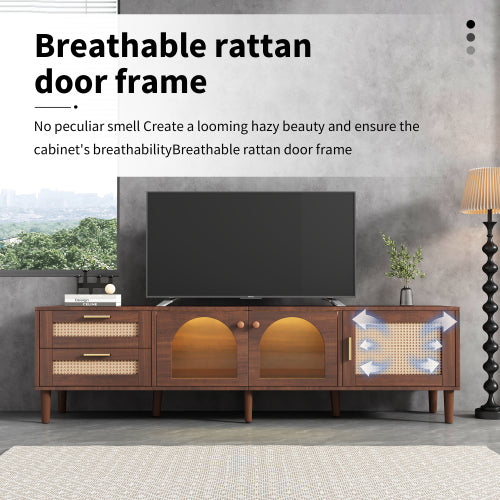 Rattan Entertainment Center with Cabinets, Drawers, and LED Lighting