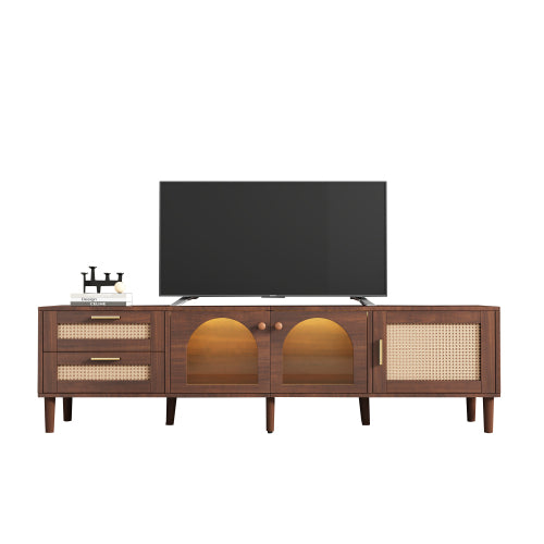 Rattan Entertainment Center with Cabinets, Drawers, and LED Lighting
