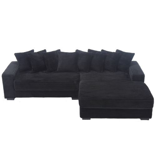 Oversized L-Shaped Corduroy Sectional with Right Chaise and Eight Pillows, Black