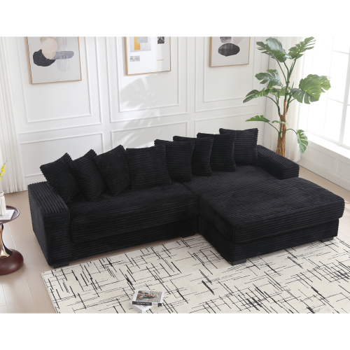 Oversized L-Shaped Corduroy Sectional with Right Chaise and Eight Pillows, Black