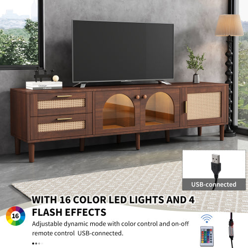 Rattan Entertainment Center with Cabinets, Drawers, and LED Lighting
