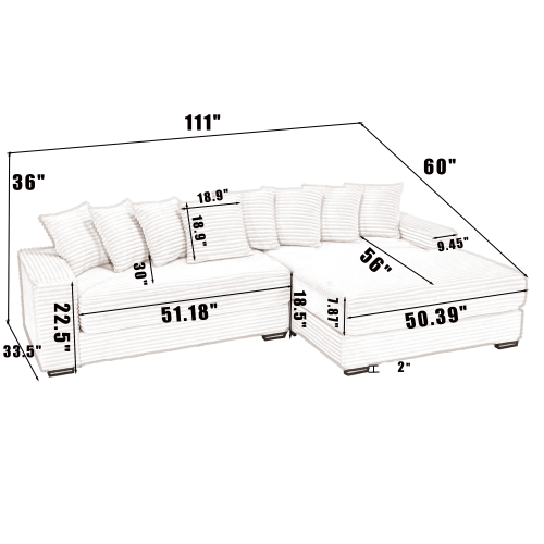 Oversized L-Shaped Corduroy Sectional with Right Chaise and Eight Pillows, Black