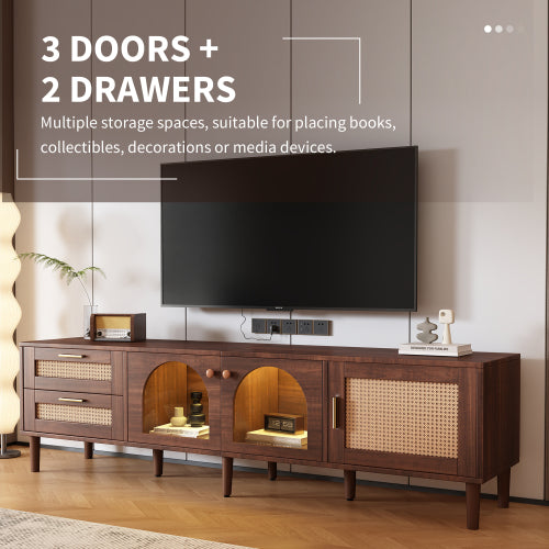 Rattan Entertainment Center with Cabinets, Drawers, and LED Lighting
