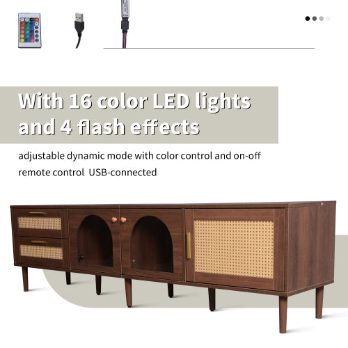 Rattan Entertainment Center with Cabinets, Drawers, and LED Lighting