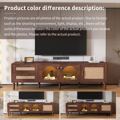Rattan Entertainment Center with Cabinets, Drawers, and LED Lighting