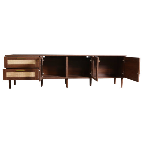 Rattan Entertainment Center with Cabinets, Drawers, and LED Lighting