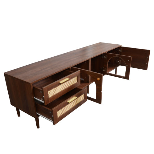Rattan Entertainment Center with Cabinets, Drawers, and LED Lighting