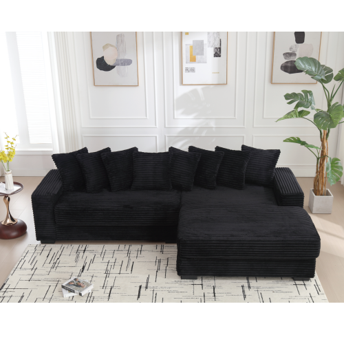 Oversized L-Shaped Corduroy Sectional with Right Chaise and Eight Pillows, Black