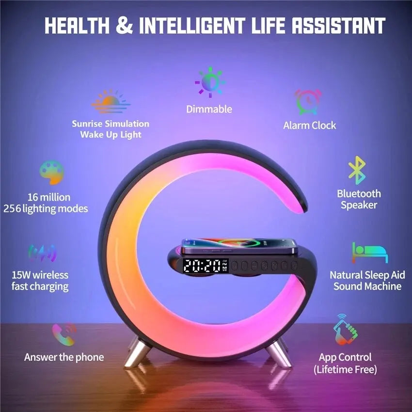 Multifunctional Wireless Charger Alarm Clock Speaker APP Control RGB Night Light Charging Station for Iphone 11 12 13 14 Samsung